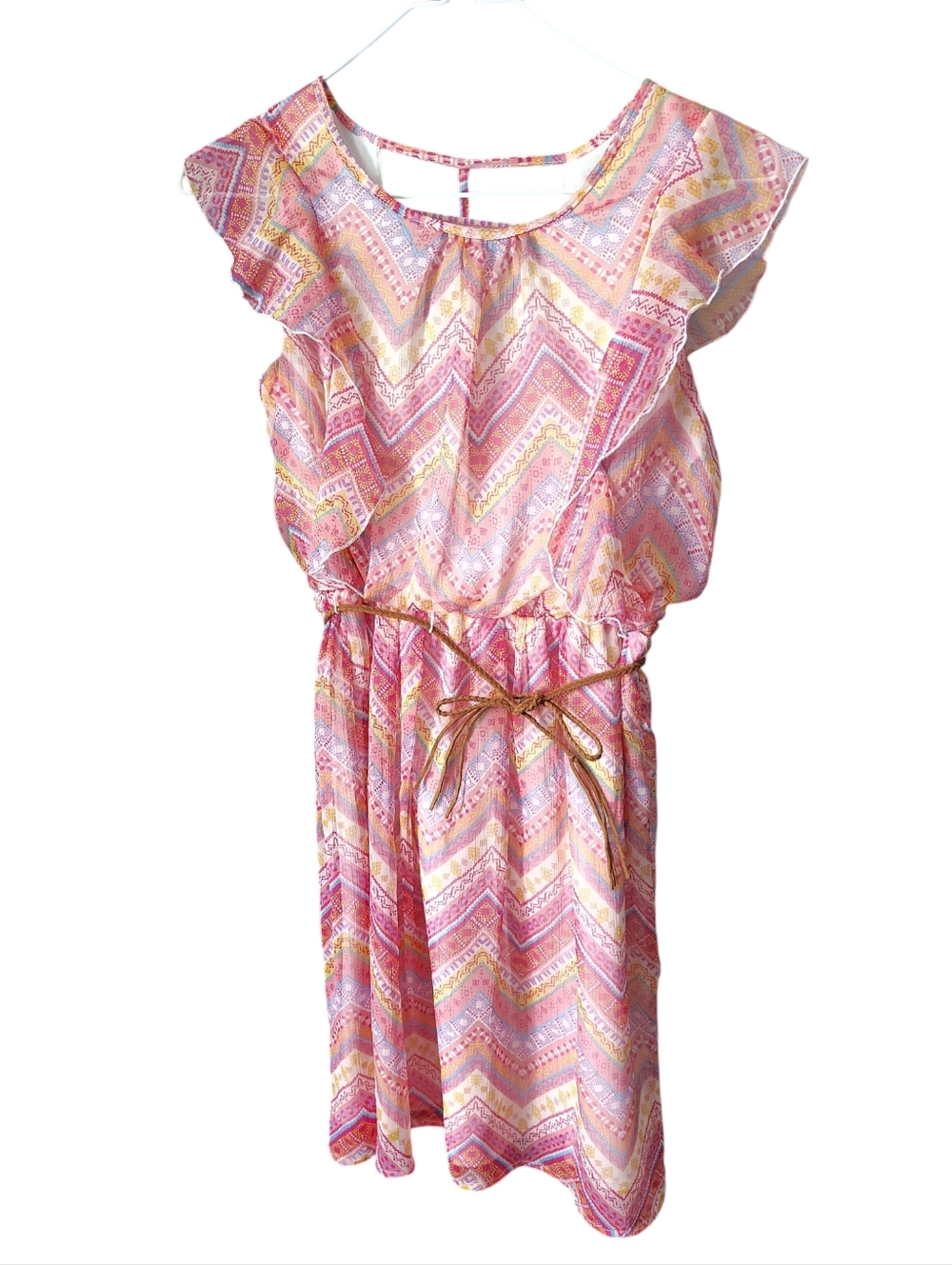Speechless Pink Multi Chevron Print Girls Dress with Brown Braided Leather Belt